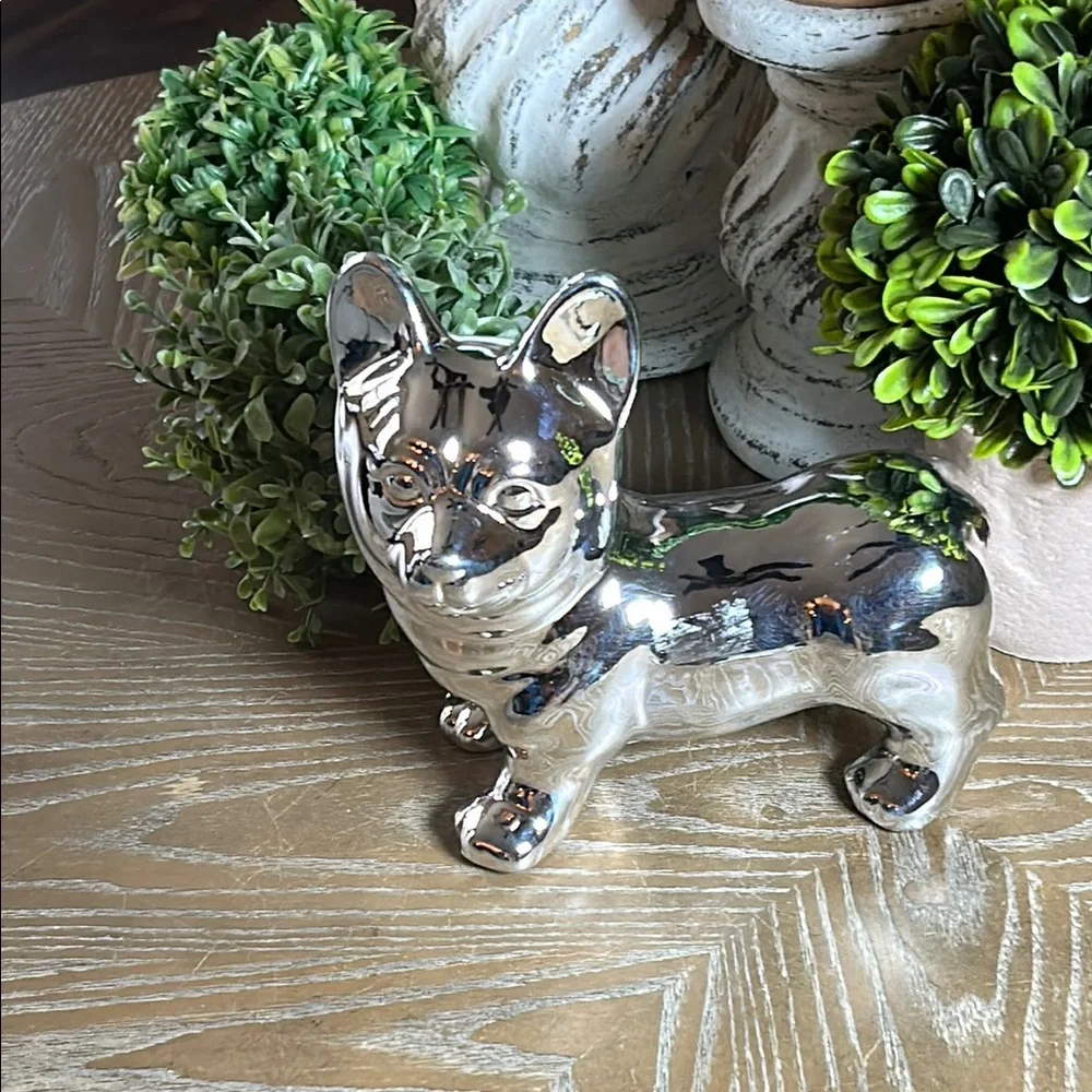 NEW! Shabby Chic Metallic Silver Ceramic French Bulldog Corgi Dog Figurine - Picture 5 of 5